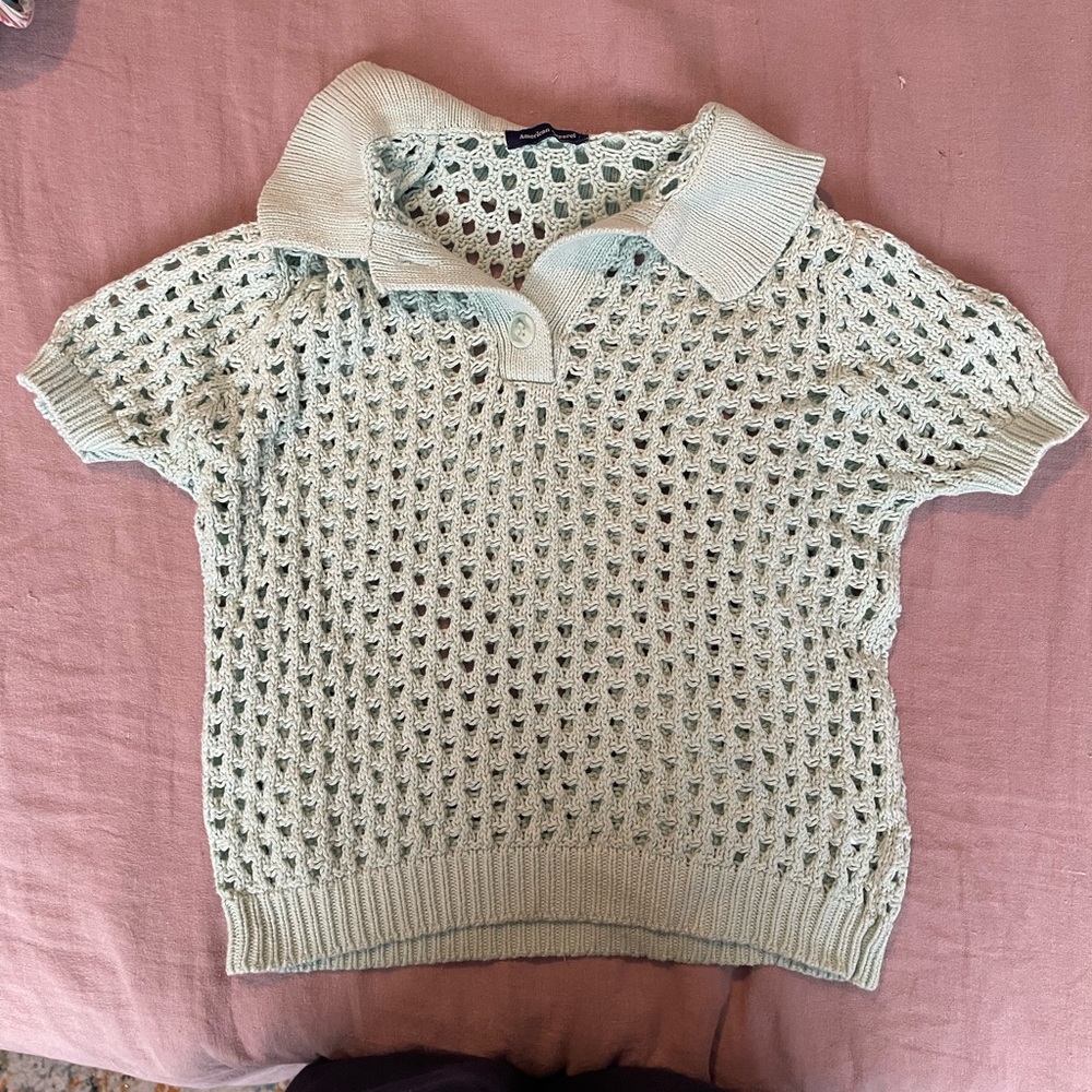 American Apparel Vintage Blouse with Open-Knit Pattern and Polo Collar